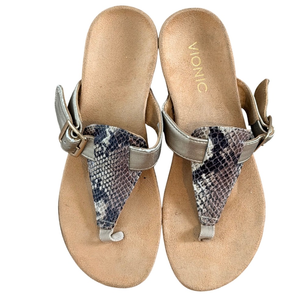 Vionic Alanis Wedge Sandals Womens 7 Gold Snakeskin Leather Orthotic Boho